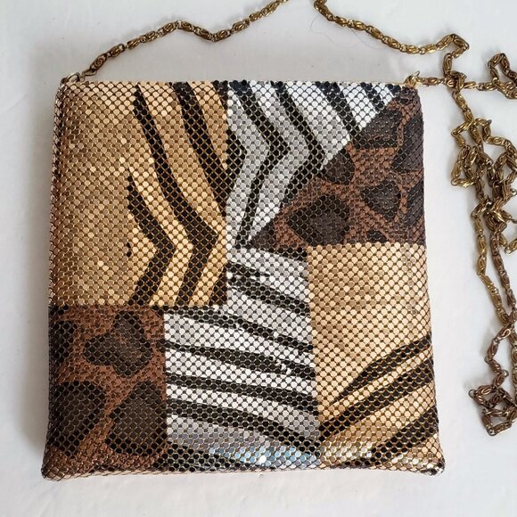 VINTAGE 70s Disco Gold Metal Mesh Bag Chain Crossbody Animal Print Retro Groovy - Picture 11 of 13